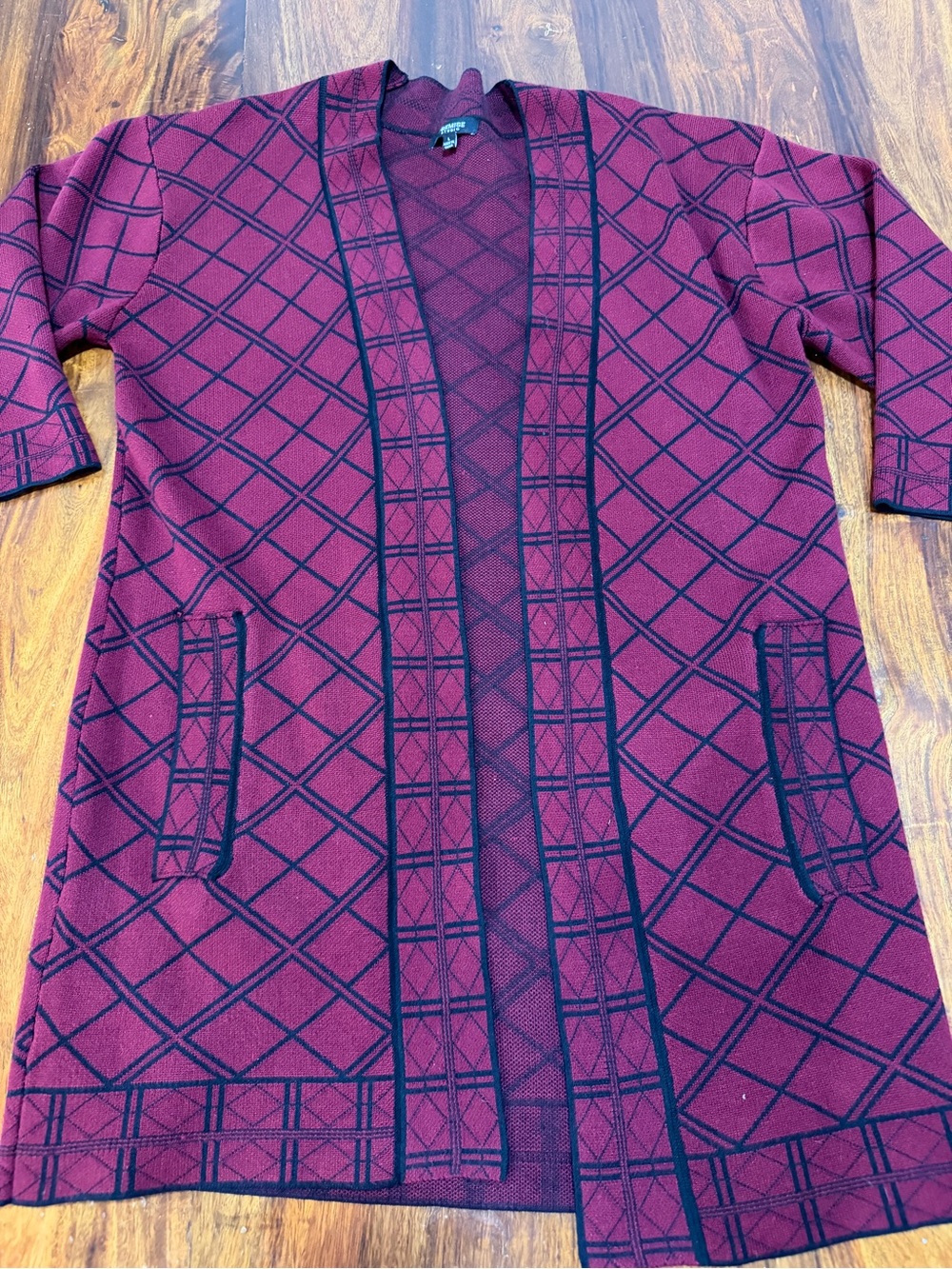 Premise Studio Knit Topper L Burgundy Black Plaid Open Front 3/4 Sleeve